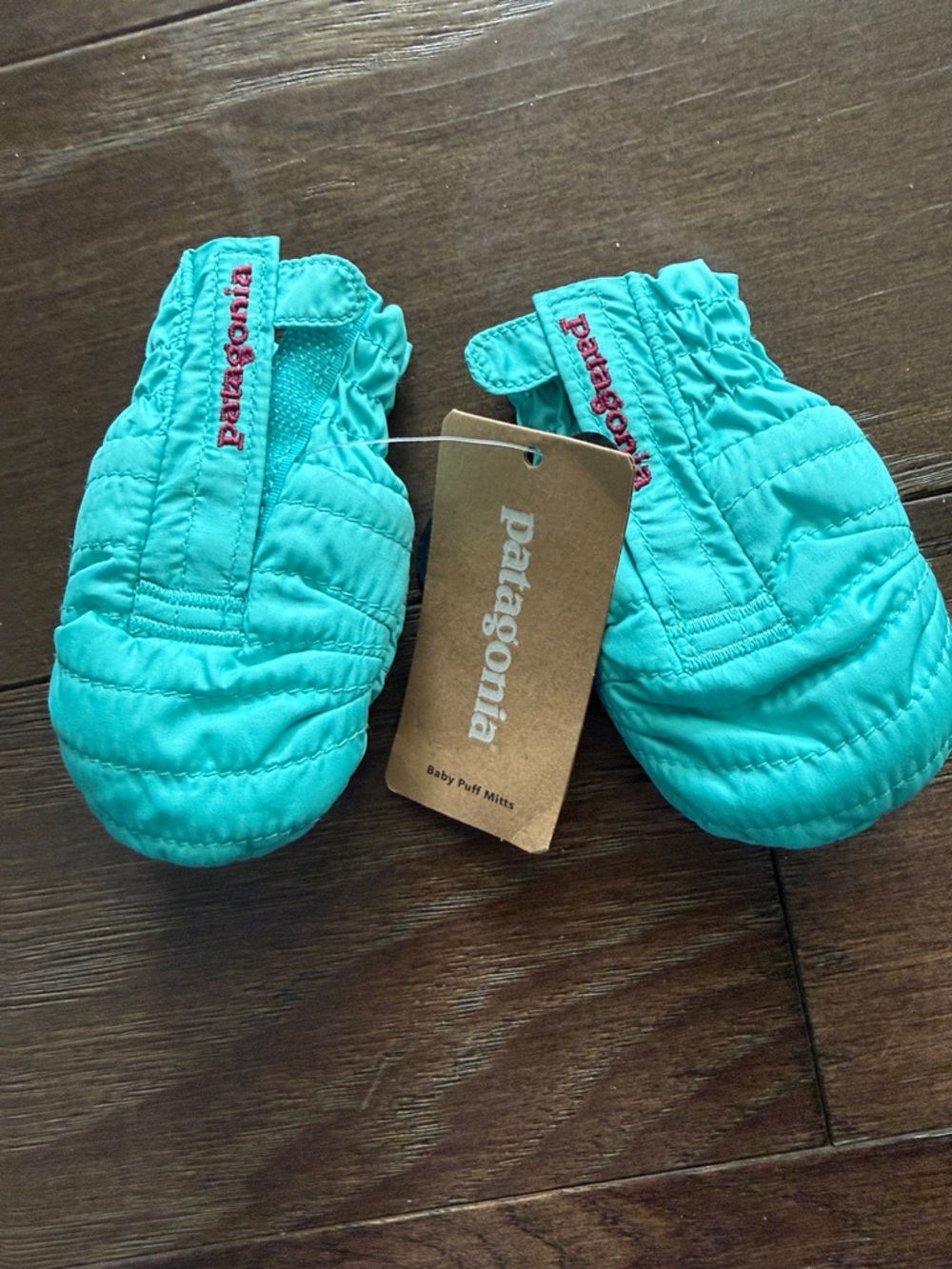Patagonia Baby Puff Mittens in Teal with Pink Logo